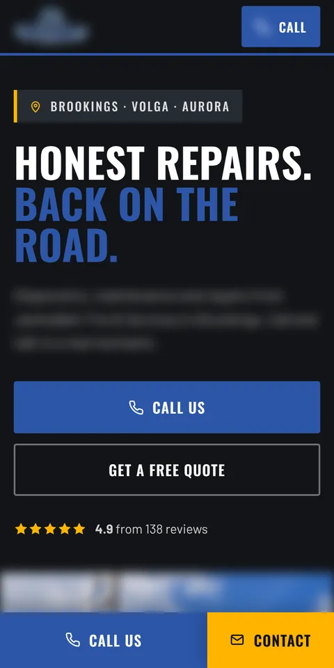 Phone view of a tire shop website we built, name and number blurred