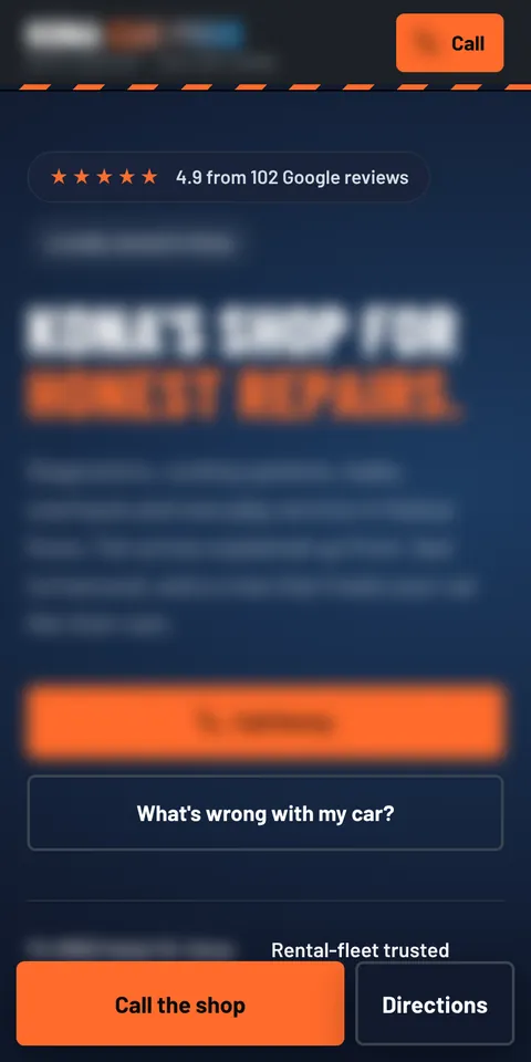 Phone view of a auto repair website we built, name and number blurred
