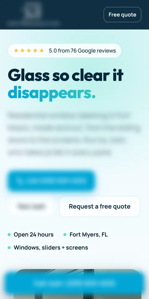 Phone view of a window cleaning website we built, name and number blurred